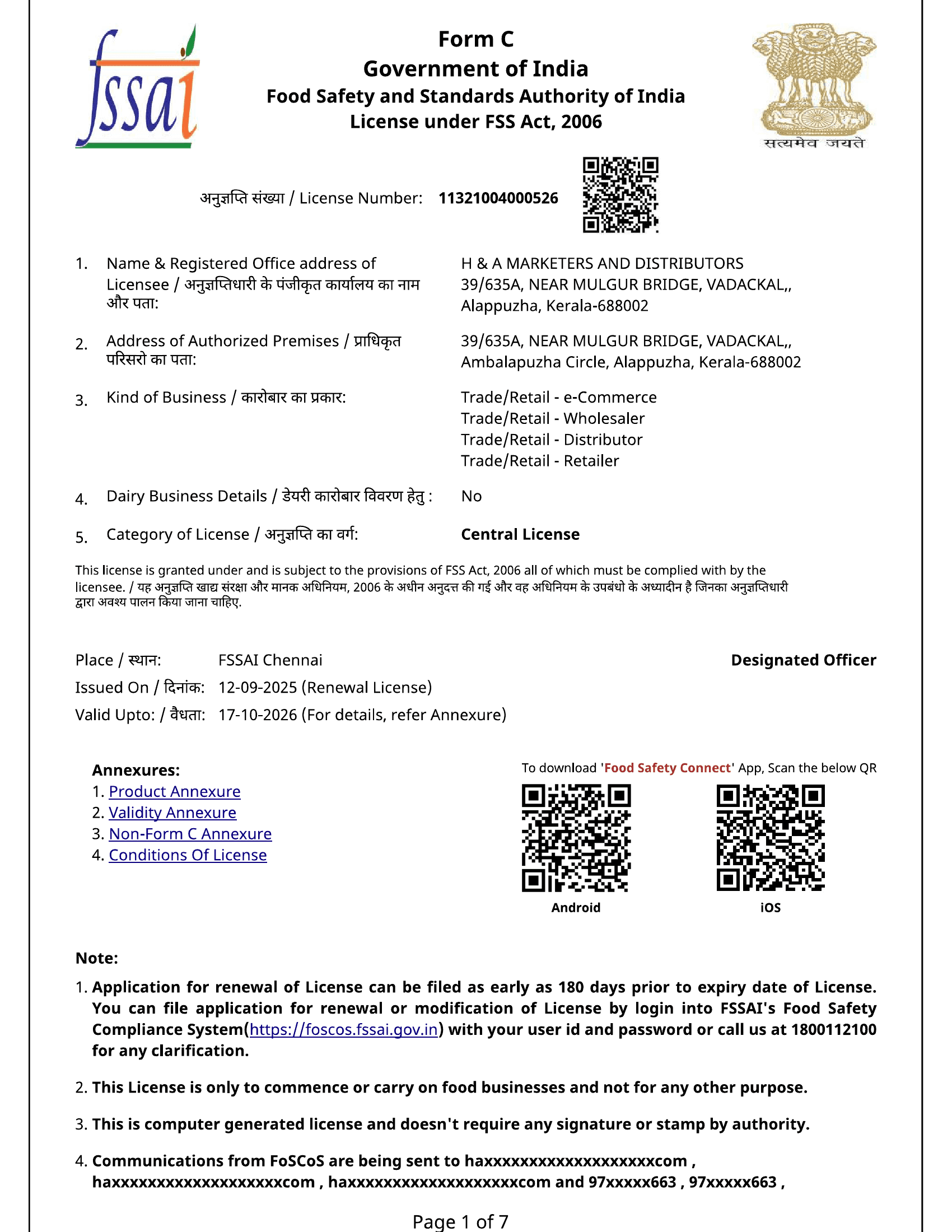 FSSAI Central Licence for H & A Marketers and Distributors