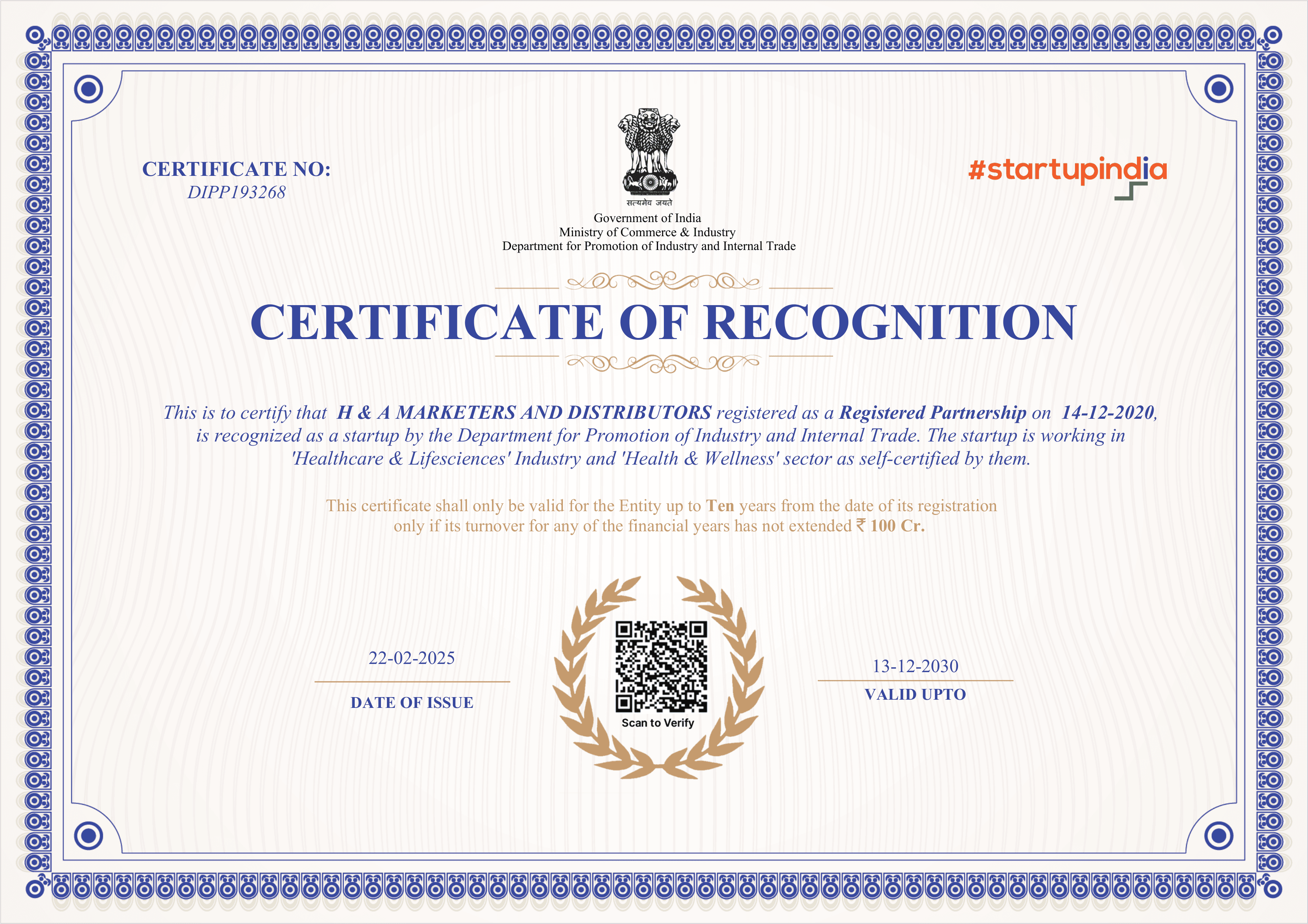 Startup India Certificate of Recognition for H & A Marketers and Distributors